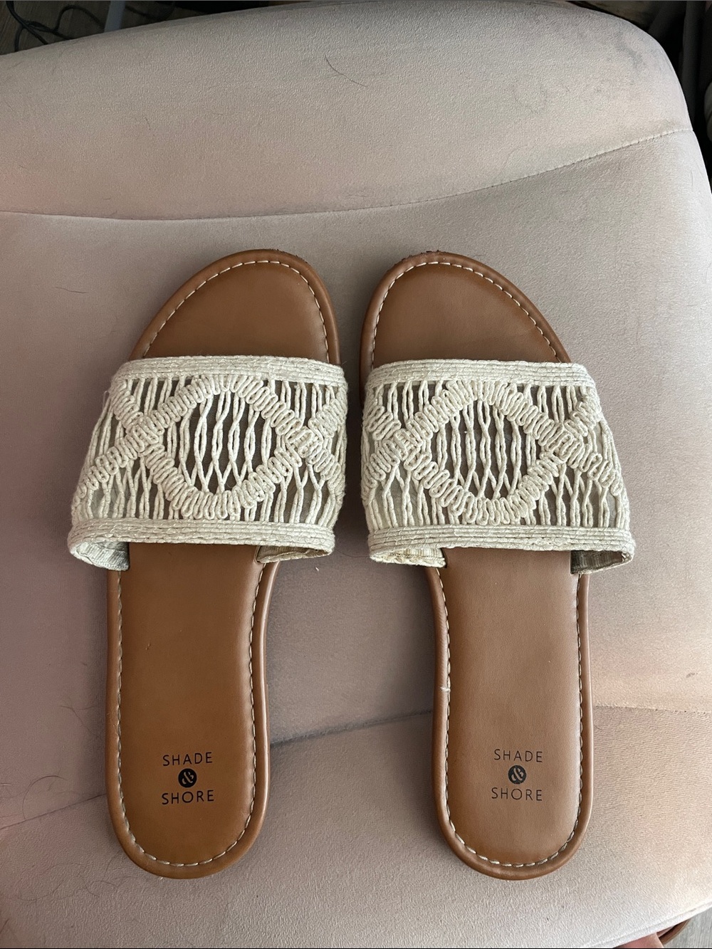 Shade & Shore Tan Footbed Cream Macramé Slide Sandals for Women